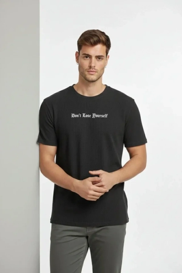 Bidebuvar Erkek Wafıl Kumaş Tişört Regular Kalıp Bisiklet Yaka Baskılı Günlük Basic T-Shirt - Siyah