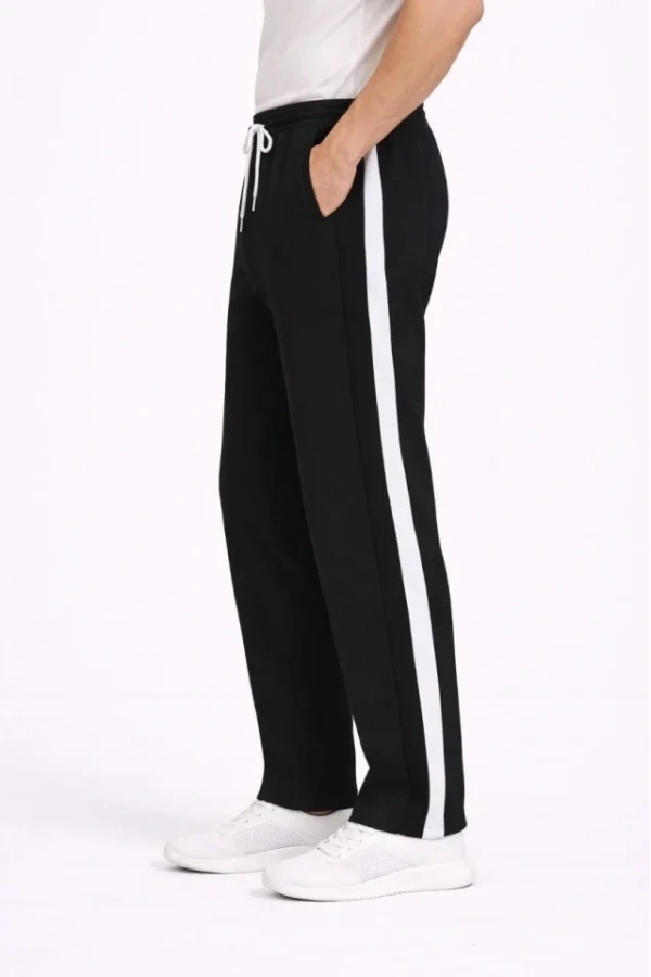 Bidebuvar Erkek Yandan Şeritli Boru Paça Eşofman Altı 3 Iplik Pamuklu Eşofman - Siyah