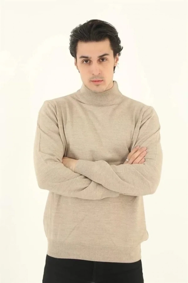 Bidebuvar Erkek Yarım Balıkçı Yaka Triko Kazak - Bej