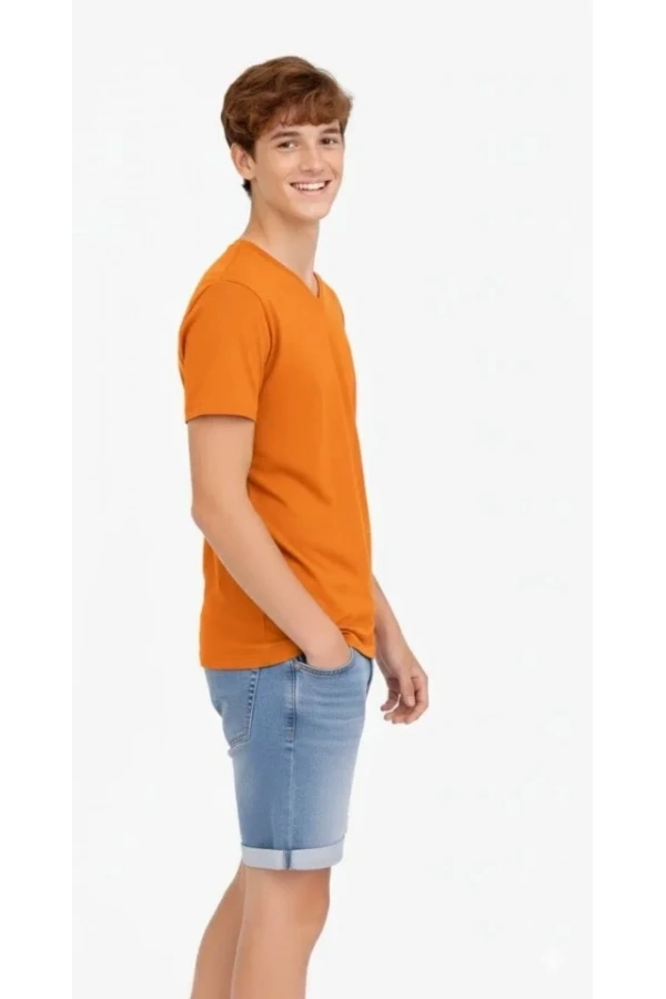 Bidebuvar Genç Erkek Çocuk V Yaka Tişört Yazlık Model Günlük Basic Body - Turuncu