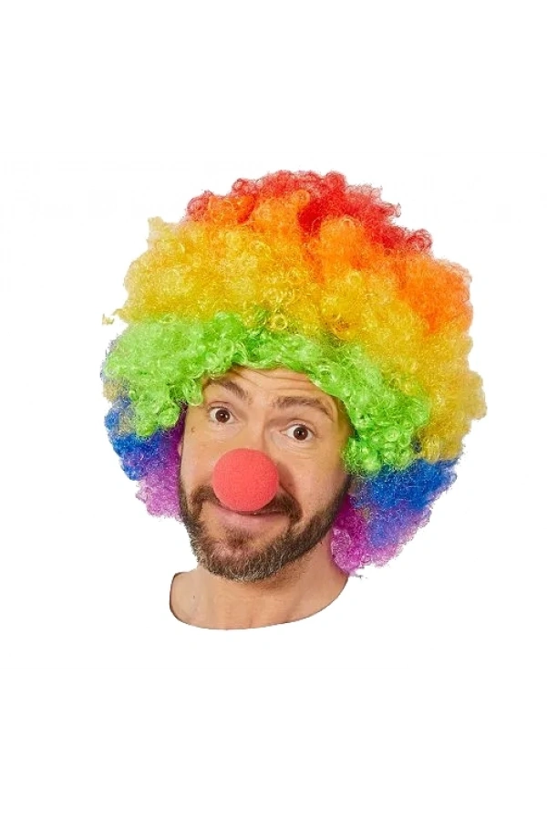 Bidebuvar Gökkuşağı Afro Peruk ve Kırmızı Sünger Burun