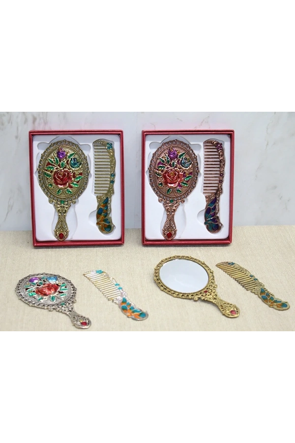 Bidebuvar Gül Tasarımı Ayna Ve Tarak Seti Küçük Boy