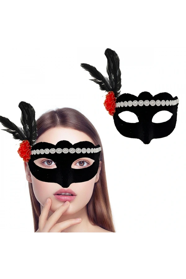 Bidebuvar Gümüş Dantelli Kırmızı Gül Tasarımlı Parti Maskesi