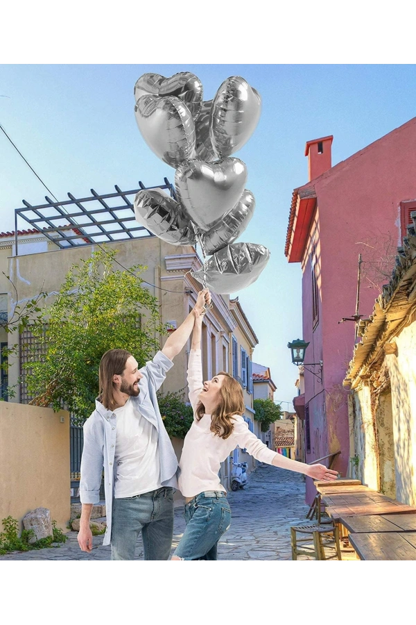 Bidebuvar Gümüş Kalp Şekilli Uçan Balon Folyo 10 Adet