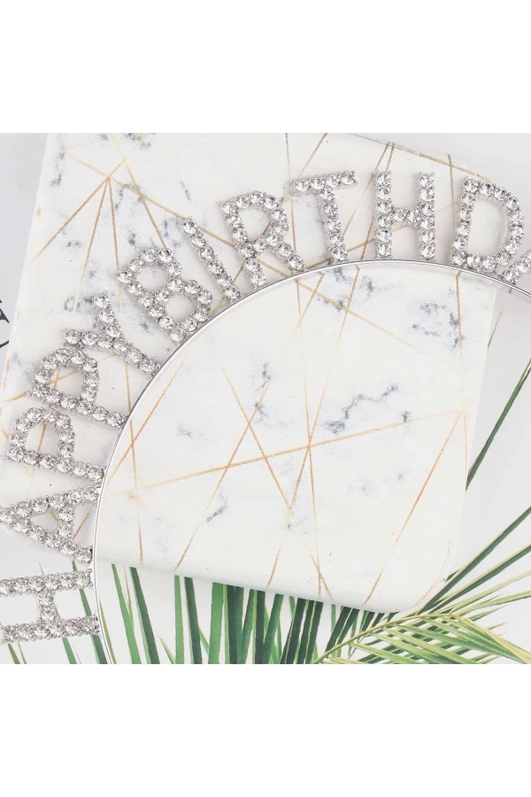 Bidebuvar Gümüş Kristal Taşlı Happy Birthday Tacı