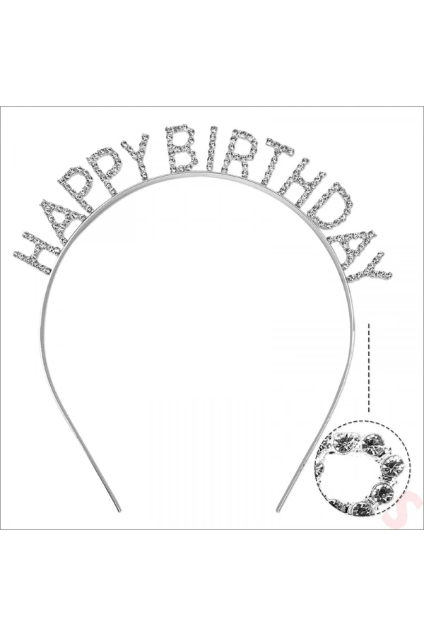 Bidebuvar Gümüş Kristal Taşlı Happy Birthday Tacı