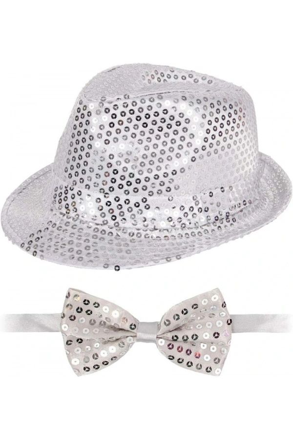 Bidebuvar Gümüş Payetli Şapka ve Papyon Seti – Parıltılı Yetişkin Kostüm Seti