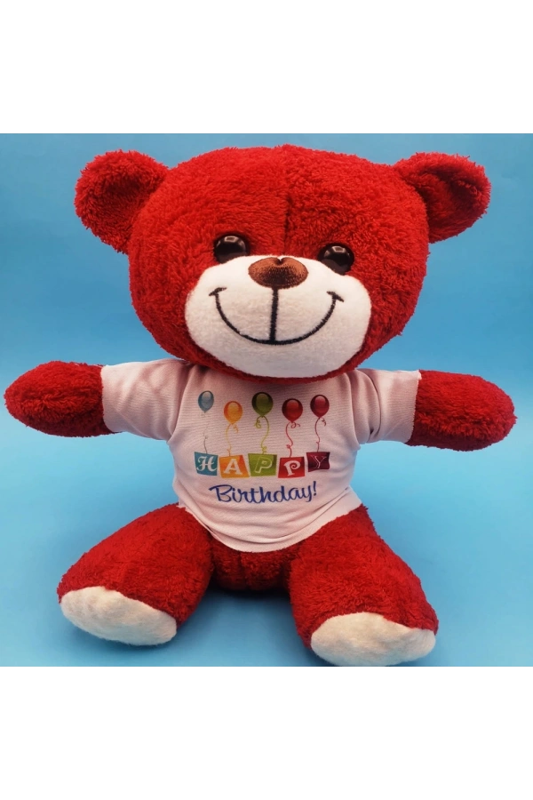Bidebuvar Happy Birthday Tişörtlü Peluş Kırmızı Ayıcık