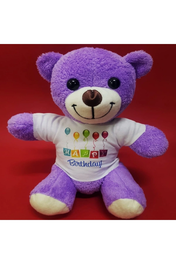 Bidebuvar Happy Birthday Tişörtlü Peluş Mor Ayıcık