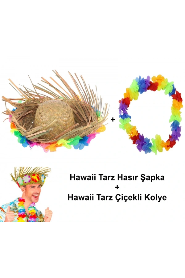 Bidebuvar Hawaii Tarzı Set - Tropikal Çiçekli Hasır Şapka ve Çiçekli Hawaii Kolye