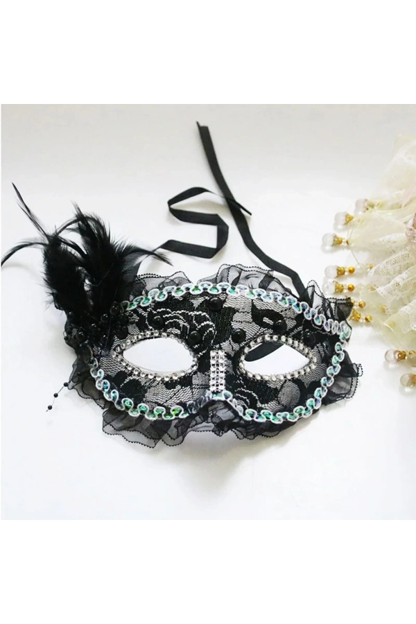 Bidebuvar İnci İşlemeli Taşlı Dantelli Parti Maskesi