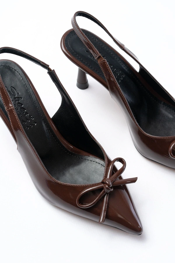 Bidebuvar İNF-4500 Kahve Rugan Günlük Arkası Açık Fiyonklu Topuklu Bayan Ayakkabı