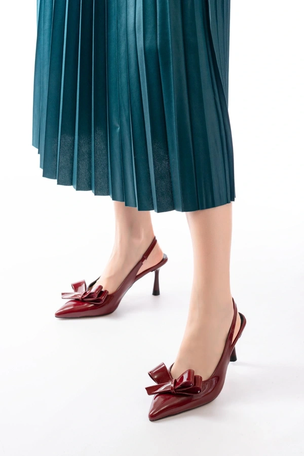 Bidebuvar İNF-4501 Bordo Rugan Günlük Arkası Açık Fiyonklu Topuklu Bayan Ayakkabı