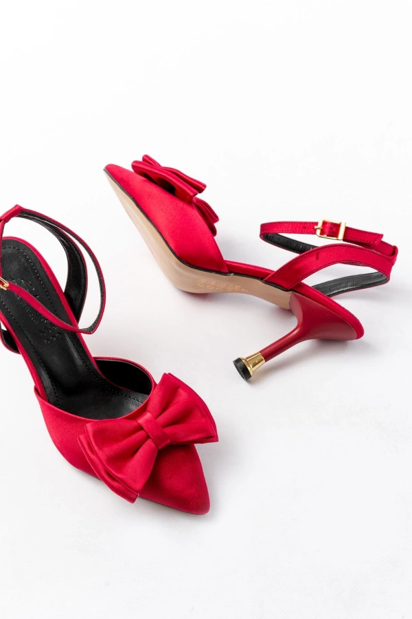 Bidebuvar İNF-4505 Bordo Saten Günlük Arkası Açık Kurdele detaylı Topuklu Bayan Ayakkabı