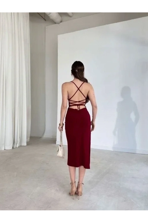Bidebuvar İp Askılı Sırt Dekolteli Bağlama Detaylı Yırtmaçlı Midi Elbise - Bordo