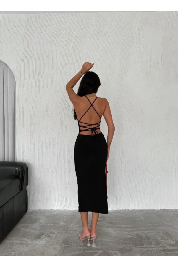 Bidebuvar İp Askılı Sırt Dekolteli Bağlama Detaylı Yırtmaçlı Midi Elbise - Siyah