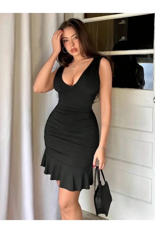 Bidebuvar Kadın Askılı Derin V Dekolteli Fırfırlı Janjan Krep Elbise