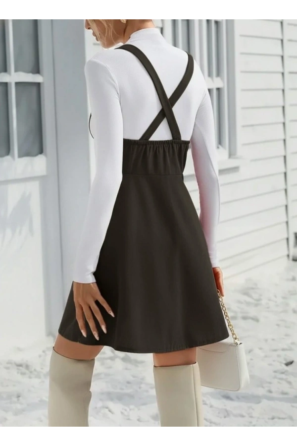 Bidebuvar Kadın Askılı Düğmeli Mini Süet Elbise