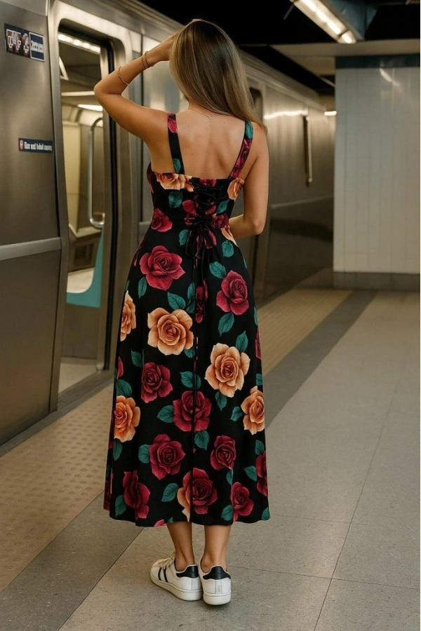 Bidebuvar Kadın Askılı Geniş V Yakalı Sırttan Bağlamalı Yırtmaçlı Süprem Elbise