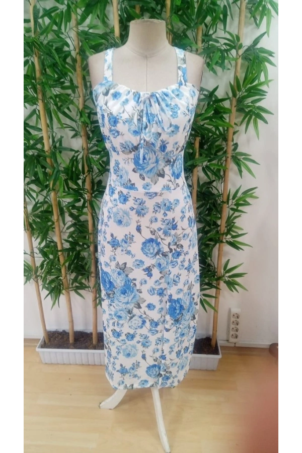 Bidebuvar Kadın Askılı Geniş V Yakalı Sırttan Bağlamalı Yırtmaçlı Süprem Elbise