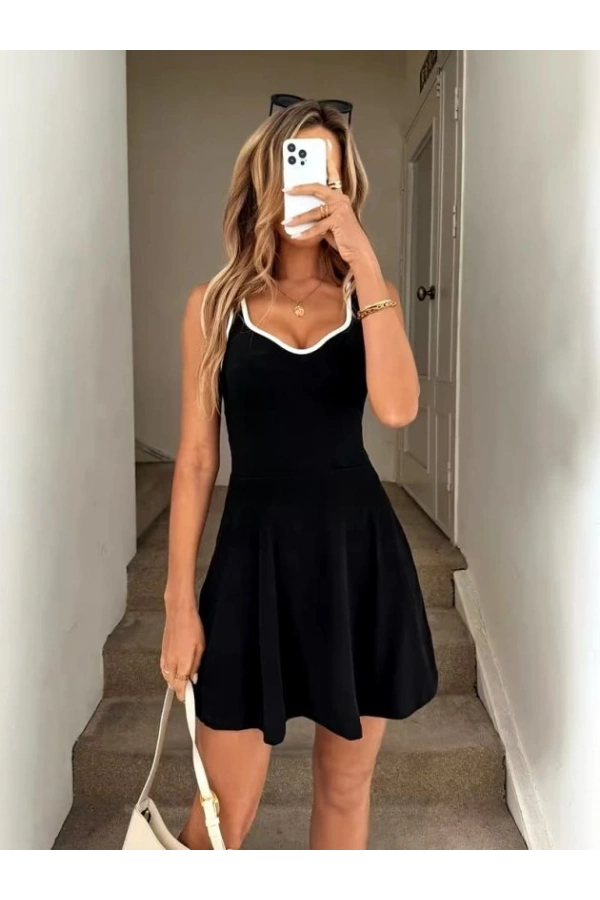 Bidebuvar Kadın Askılı Kalp Yakalı şerit Detaylı Dalgıç Kısa Elbise