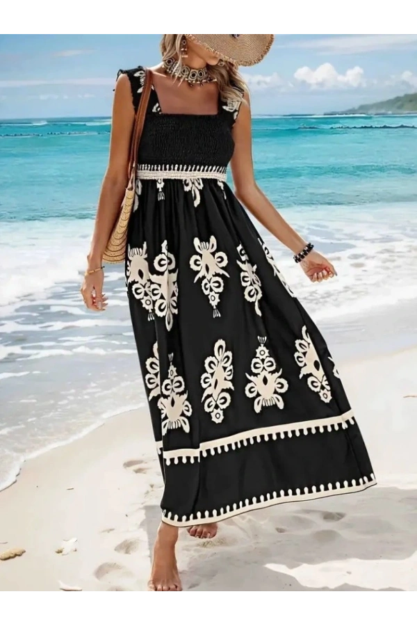 Bidebuvar Kadın Askılı Kare Yaka Gipe Detaylı Desenli Suprem Elbise