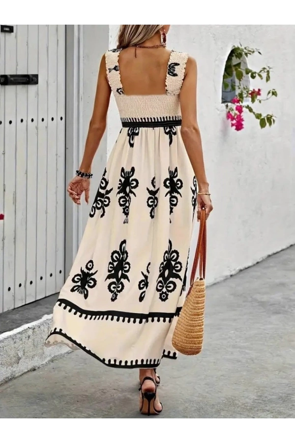 Bidebuvar Kadın Askılı Kare Yaka Gipe Detaylı Desenli Suprem Elbise