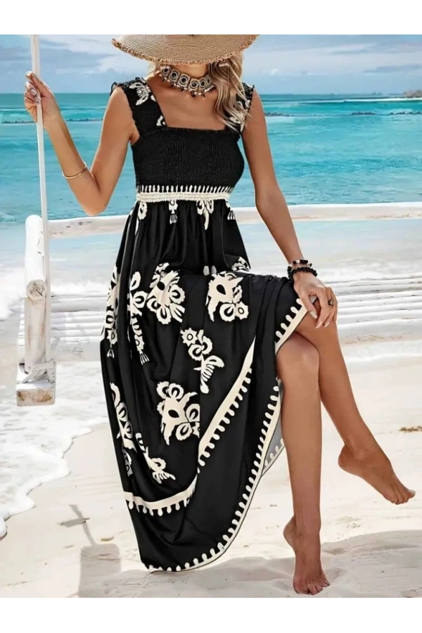 Bidebuvar Kadın Askılı Kare Yaka Gipe Detaylı Desenli Suprem Elbise