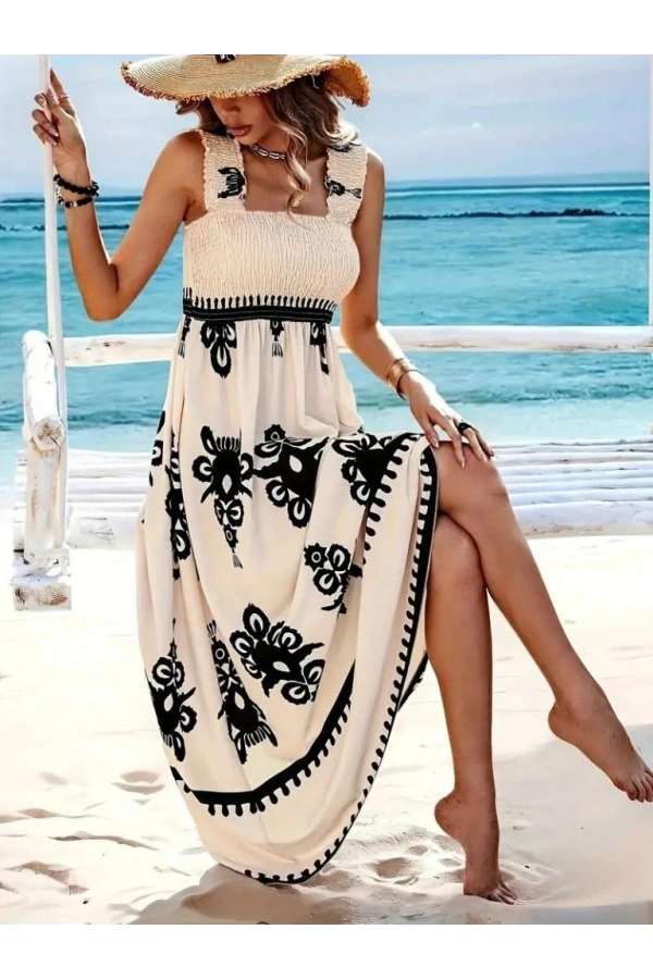 Bidebuvar Kadın Askılı Kare Yaka Gipe Detaylı Desenli Suprem Elbise