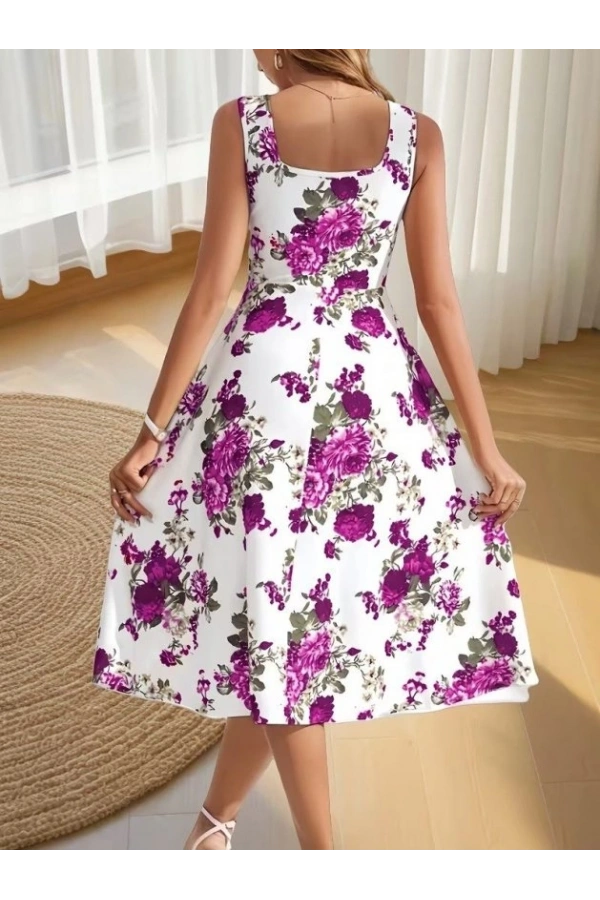 Bidebuvar Kadın Askılı Kare Yakalı çiçek Desenli Midi Dalgıç Elbise