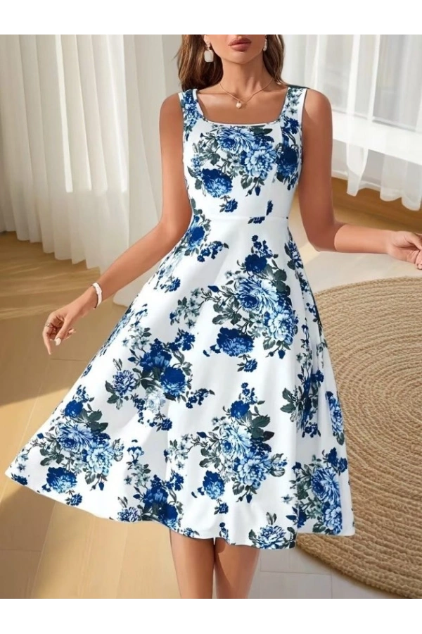 Bidebuvar Kadın Askılı Kare Yakalı çiçek Desenli Midi Dalgıç Elbise