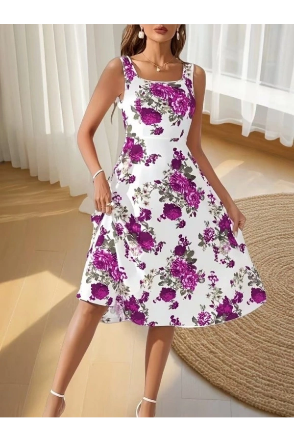 Bidebuvar Kadın Askılı Kare Yakalı çiçek Desenli Midi Dalgıç Elbise