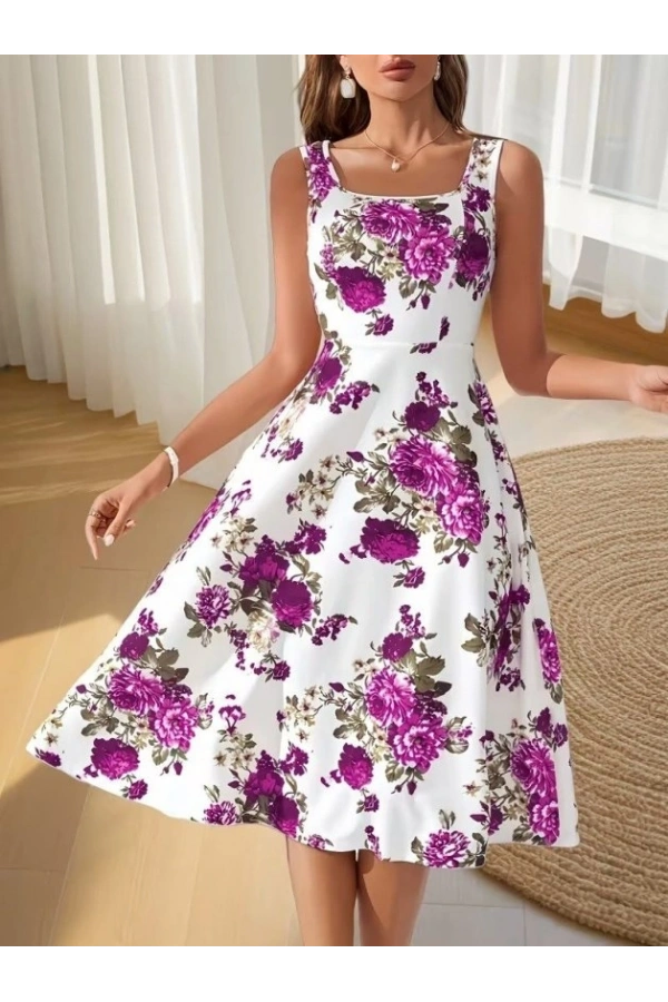 Bidebuvar Kadın Askılı Kare Yakalı çiçek Desenli Midi Dalgıç Elbise