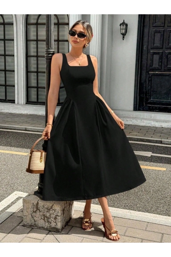 Bidebuvar Kadın Askılı Kare Yakalı Uzun Ithal Krep Elbise