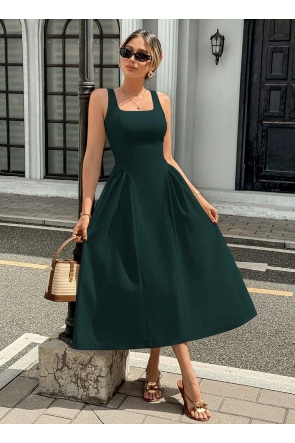 Bidebuvar Kadın Askılı Kare Yakalı Uzun Ithal Krep Elbise