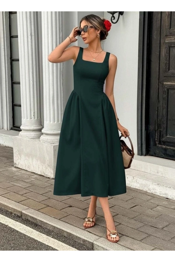 Bidebuvar Kadın Askılı Kare Yakalı Uzun Ithal Krep Elbise