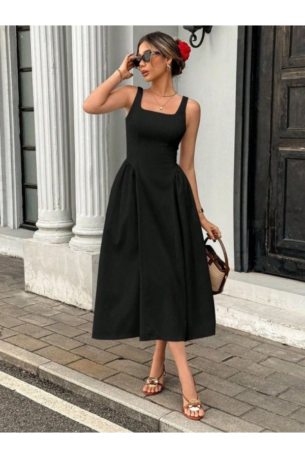 Bidebuvar Kadın Askılı Kare Yakalı Uzun Ithal Krep Elbise