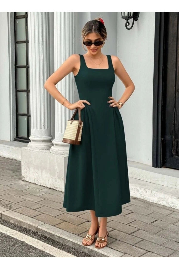 Bidebuvar Kadın Askılı Kare Yakalı Uzun Ithal Krep Elbise