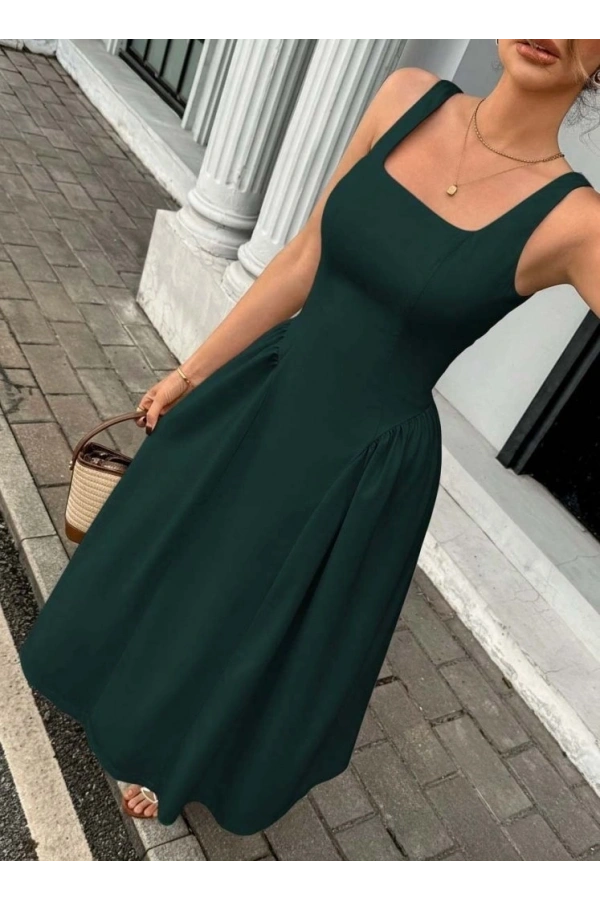 Bidebuvar Kadın Askılı Kare Yakalı Uzun Ithal Krep Elbise