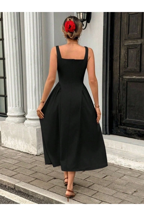 Bidebuvar Kadın Askılı Kare Yakalı Uzun Ithal Krep Elbise