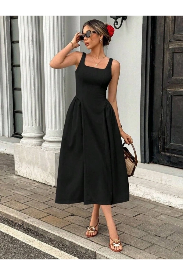 Bidebuvar Kadın Askılı Kare Yakalı Uzun Ithal Krep Elbise