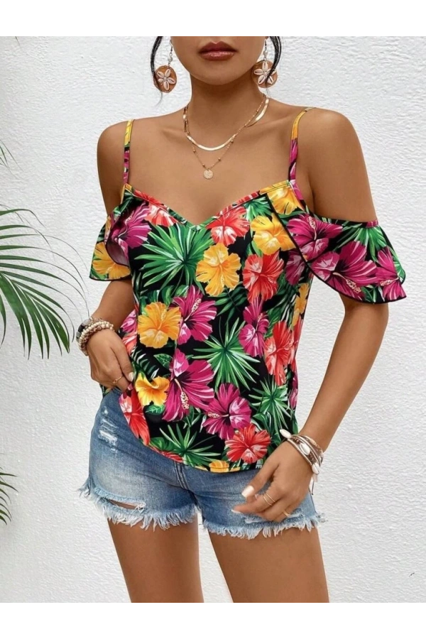 Bidebuvar Kadın Askılı Omuzlardan Açık çiçek Baskılı Bluz