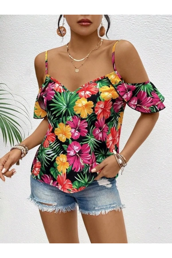 Bidebuvar Kadın Askılı Omuzlardan Açık çiçek Baskılı Bluz
