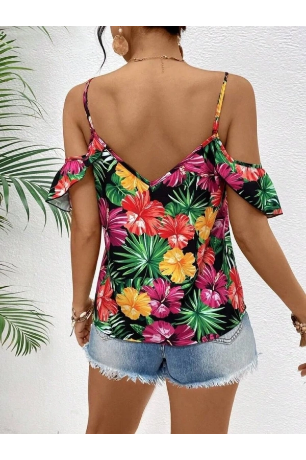 Bidebuvar Kadın Askılı Omuzlardan Açık çiçek Baskılı Bluz