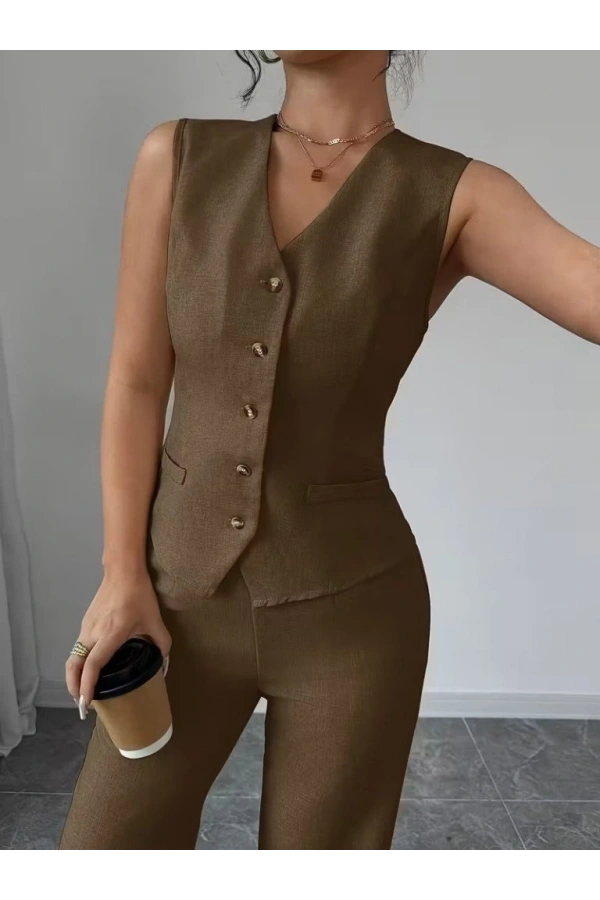 Bidebuvar Kadın Askılı önden Düğmeli Bluz Ve Pantolon Keten Ikili Takım