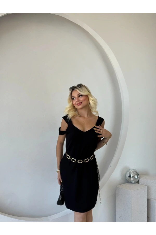 Bidebuvar Kadın Askılı Soğuk Omuz Detaylı Modal Elbise