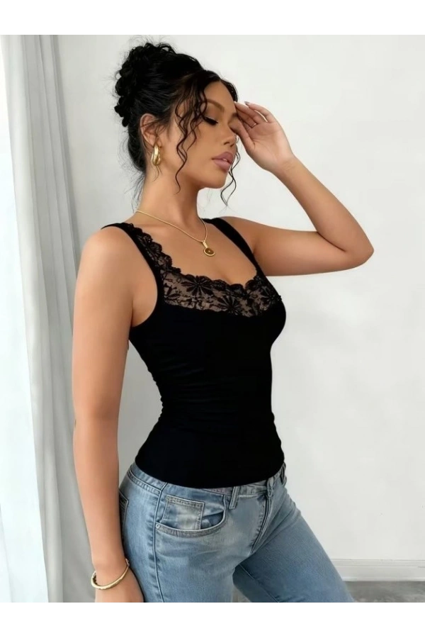 Bidebuvar Kadın Askılı V Dantel Yakalı Viskon Bluz