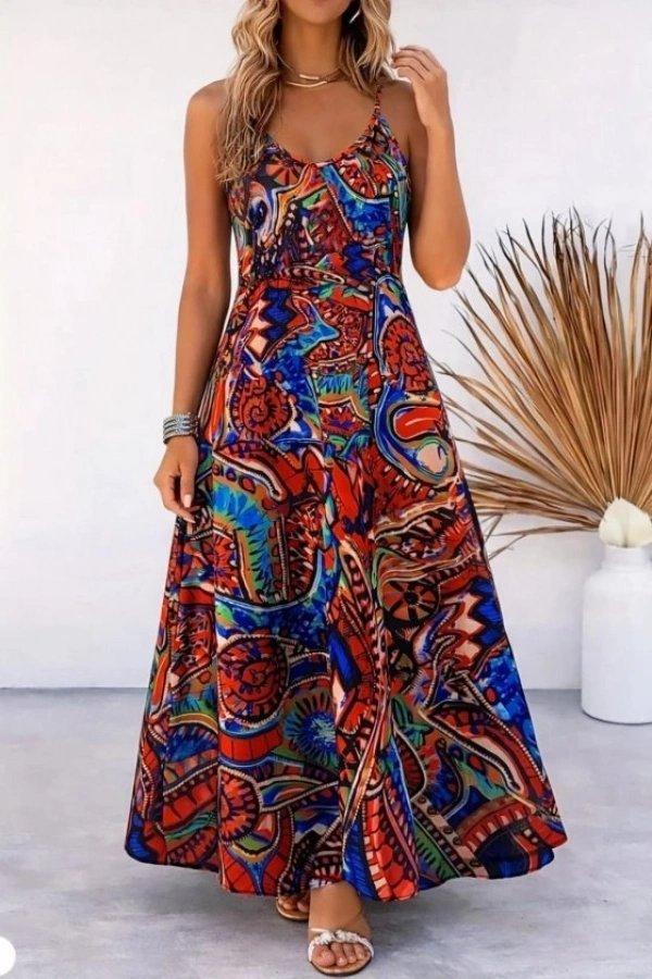 Bidebuvar Kadın Askılı V Yakalı Desenli Uzun Süprem Elbise