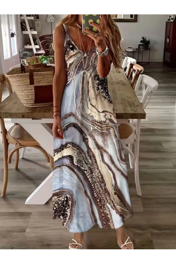 Bidebuvar Kadın Askılı V Yakalı Desenlı Uzun Süprem Elbise