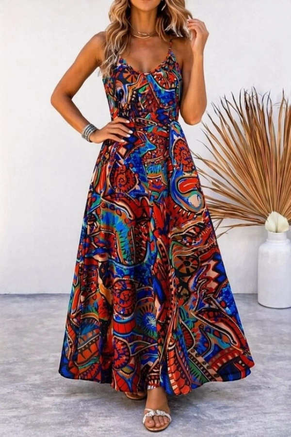 Bidebuvar Kadın Askılı V Yakalı Desenli Uzun Süprem Elbise